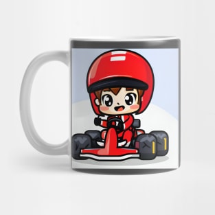 A Go-kart with a Boy in Red Racing Overalls in Kawaii Chibi style Mug